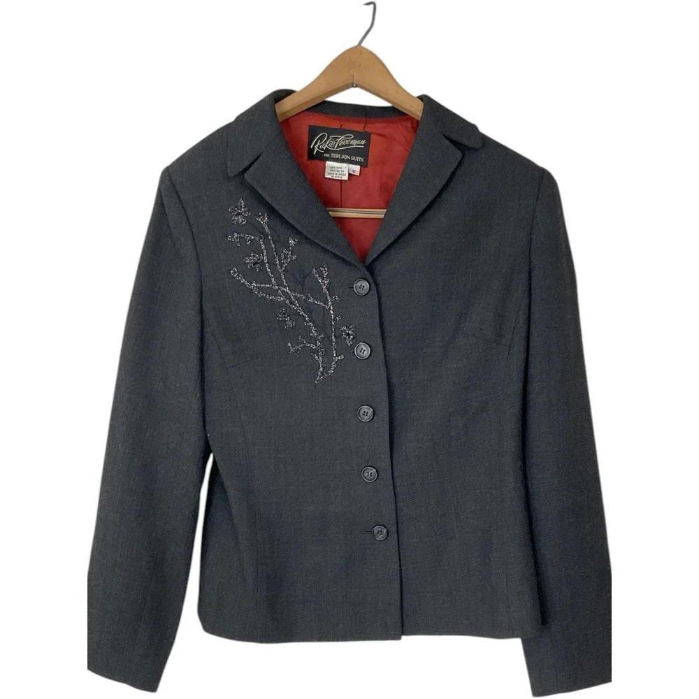 Rickie‎ Freeman For Teri Jon Black  Silk Wool Jacket Fab Embroidery & Beads~Sz 8